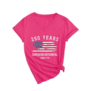 Women's hot pink V-neck T-shirt with 250 Years Semiquincentennial print and tie-front