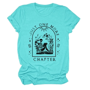 Detail of teal cotton T-shirt featuring a retro skeleton reading a book illustration