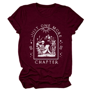 Detail of Just One More Chapter burgundy cotton T-shirt with white skeleton reading print