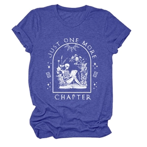 Close-up of blue cotton T-shirt featuring vintage Just One More Chapter graphic print