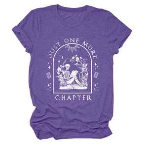Detail of purple cotton T-shirt featuring 'Just One More Chapter' skull graphic print