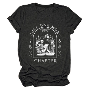 Detail of Just One More Chapter graphic print on dark gray heather cotton t-shirt