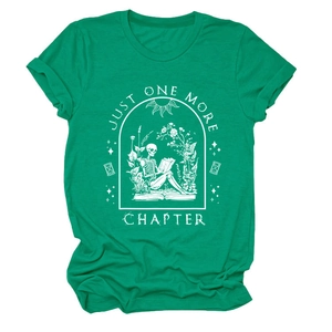 Detail of white artistic skull reading print on emerald green short sleeve t-shirt