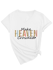 Detail of white V-neck T-shirt featuring colorful leopard print Make Heaven Crowded slogan