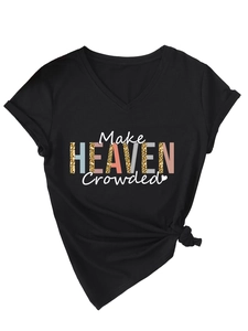 Detail of V-neck black T-shirt featuring Make Heaven Crowded print and knotted hem
