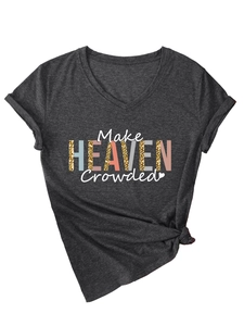Detail of V-neck T-shirt showing rolled sleeves and colorful leopard print lettering