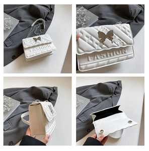 Detailed views of white quilted crossbody bag with silver butterfly clasp and chain strap