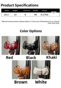 Size chart and color comparison for retro pleated crescent bag with metal buckle detail