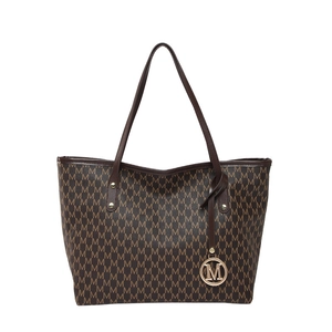 Sac cabas marron à monogramme avec doubles bretelles et pendentif logo M doré