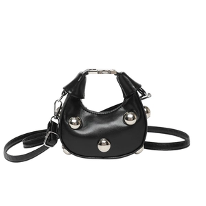 Minimalist black crescent moon handbag with silver rivet studs and adjustable strap