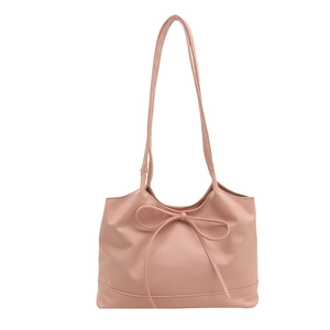 Pink minimalist single shoulder tote bag with decorative bow and sleek PU leather texture