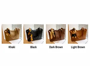 Détail de quatre sacs fourre-tout en cuir en kaki, noir, marron foncé et marron clair