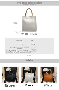Detailed size chart for minimalist tote bag showing dimensions 26cm x 25cm x 10cm in PU leather
