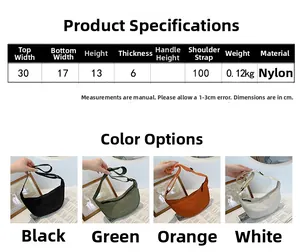 Detailed size specifications for minimalist nylon crossbody bag showing 4 color options