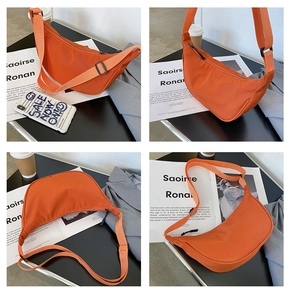 Detailed views of a vibrant orange nylon crescent crossbody bag from four different angles