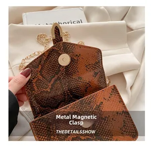 Close-up of brown snakeskin pattern small square bag with golden metal magnetic snap