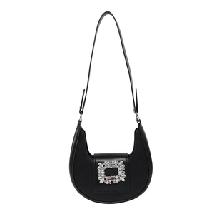 Elegant black half-moon hobo bag with sparkling crystal buckle for a trendy women's style