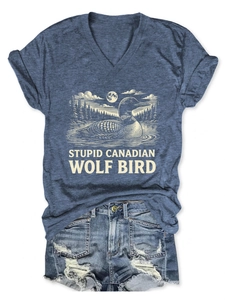 Détail du t-shirt col V gris avec imprimé oiseau rétro et short en jean usé