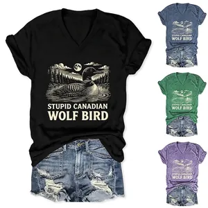 Femme T-Shirt À Col En V Manches Courtes Mélange De Coton Stupid Canadian Wolf Bird Loon Nature Graphique Haut Décontracté