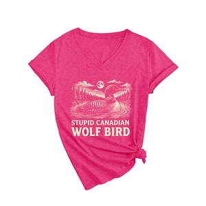 T-shirt femme col en V rose fuchsia avec motif loup rétro et nœud élégant sur le devant