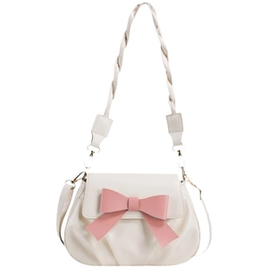 Chique geplooide crossbodytas in crème met roze strik en gedraaide touw schouderriem