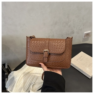 Detailed close-up of brown crocodile pattern leather texture and gold buckle on handbag