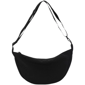 Minimalist black nylon crescent crossbody bag with adjustable wide strap and top zipper