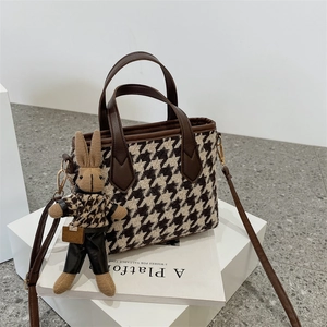 Vintage Houndstooth Checkerboard Mini Shoulder Bag Woolen PU Leather Crossbody Handbag With Rabbit Pendant For Women