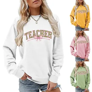 Cotton Sweatshirt Women Long Sleeve Crew Neck Pullover Teacher Shamrock Pink Bow Casual