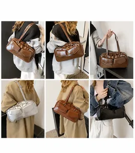 Vista multiángulo de bolso tote de cuero PU suave en marrón, plata y negro en modelos