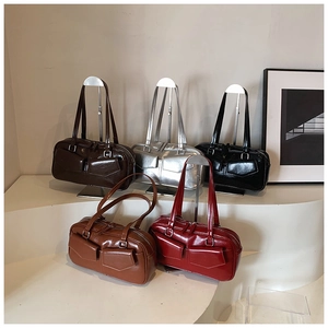 Bolso de Axila de Cuero PU Brillante para Mujer Retro Multi Bolsillo Bolso de Hombro Gran Capacidad Conmutar Estudiante Tote