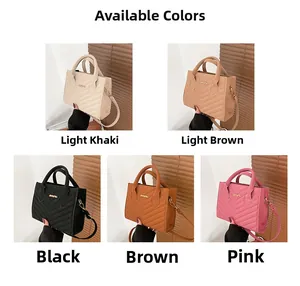 Detail view of V-quilted faux leather handbags in five colors with golden logo and straps