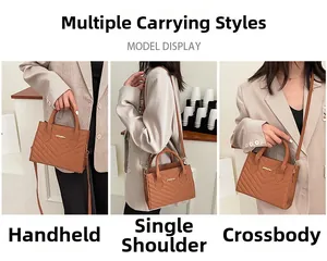 Brown quilted leather handbag shown in three styles: handbag, shoulder bag and crossbody bag