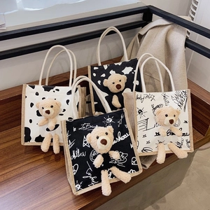 Women Cute 3D Plush Bear Canvas Jute Handbag Fashion Cow Pattern Letter Graffiti Houndstooth Small Tote Bag Daily Top Handle Purse