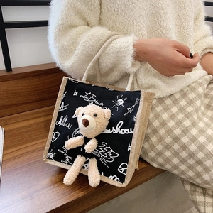 Cute canvas tote bag with 3D teddy bear charm and rustic hemp rope handles