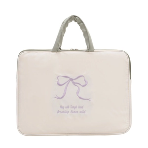 Minimalist beige laptop sleeve with butterfly embroidery and green handles for students
