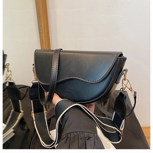 Detail of black matte saddle bag showing gold hardware and striped textile strap