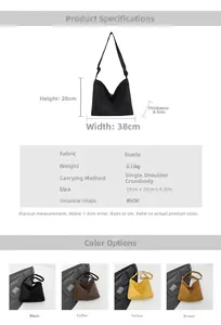Detaillierte Maße und Farbauswahl für die weiche Shopper-Tasche aus Wildlederimitat