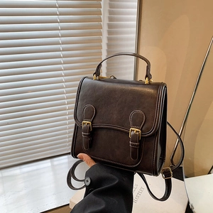 Vintage dark brown PU leather mini backpack with top handle and bronze buckles