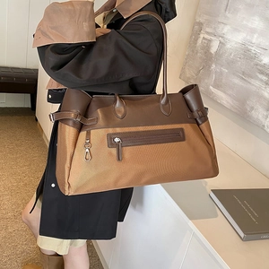 Retro two-tone large tote bag with contrast leather handles and canvas for daily commute