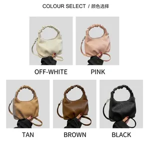 Available colors for the pleated faux leather handbag including white, pink, khaki and black