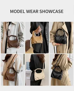 Collage of pleated handbag in various colors styled with autumn trench coats and suits