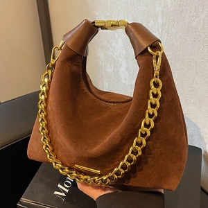 Sac Hobo Vintage en Daim pour Femmes Chaîne Dorée Croissant Sac Épaule Sous le Bras Sacoche Suédine Sac à Main Zippé