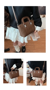Detailed views of brown quilted faux leather bucket bag with top handles and silver hardware