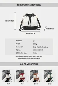 Detail view of multicolored quilted bucket bags with adjustable long shoulder straps
