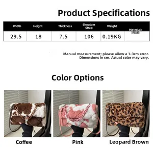Tableau des tailles et dimensions pour sacs à bandoulière en peluche, rose et léopard