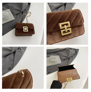 Detailed views of brown velvet quilted crossbody bag with gold hardware and chain strap