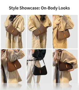 Modèle portant des sacs sous le bras rétro demi-lune en noir et marron à boucle métal