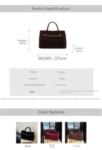 Detailed size specifications for the vintage suede tote bag with three color variants