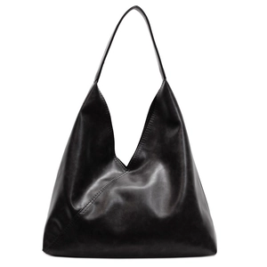 Minimalist black geometric tote bag with sleek triangle design and long shoulder strap